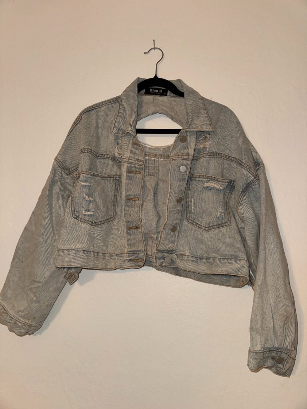 Blue B Distressed Cropped Denim Jacket Rhinestone Fringe Cutout Back